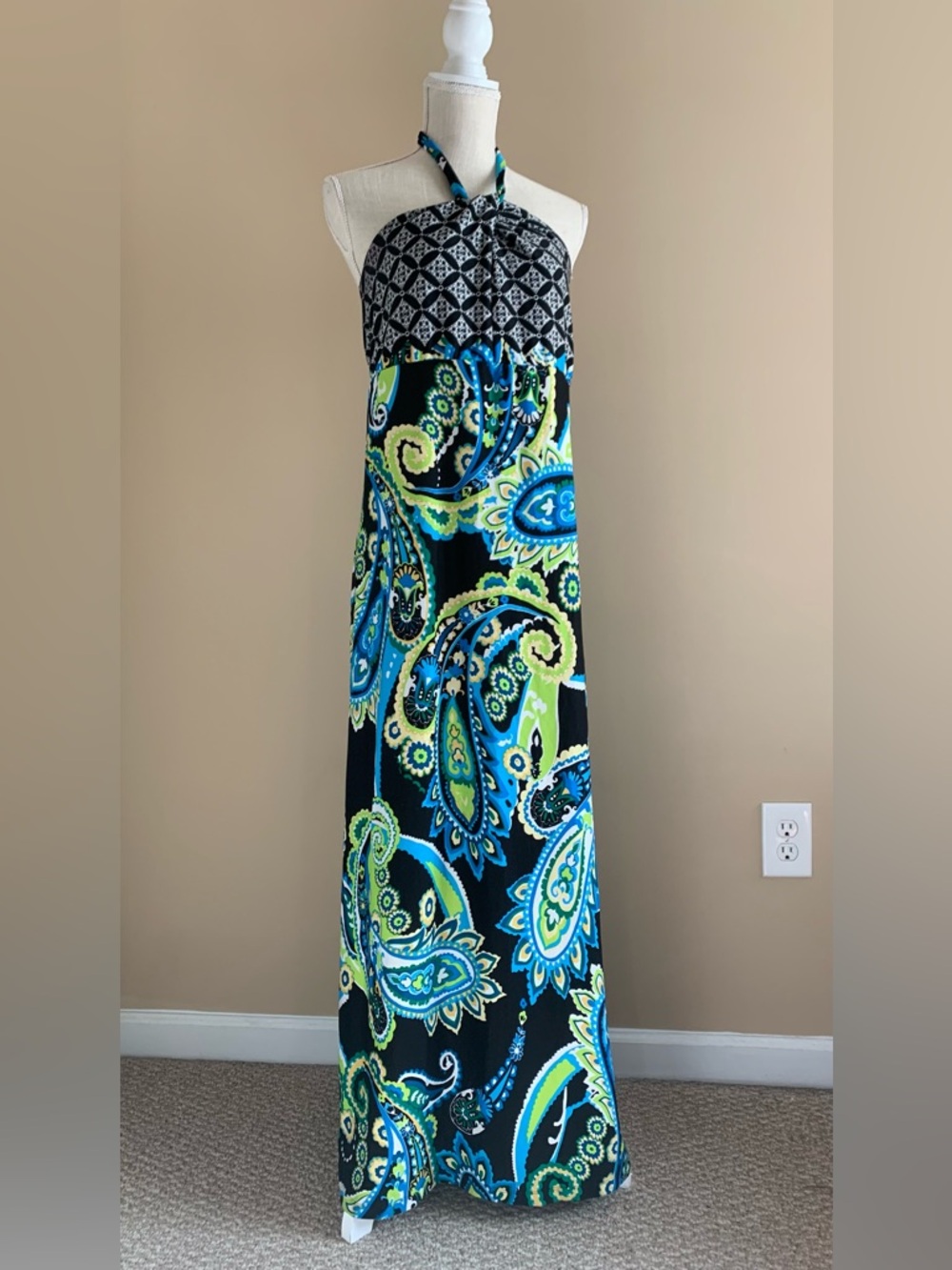 Halter Maxi Dress in Black, Blue & Lime Paisley